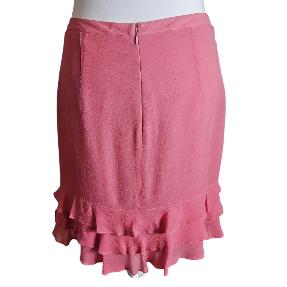 Express Pink 100% Silk Pencil Skirt Sz 6 Tier Ruffle Hem Lined Barbie Workwear